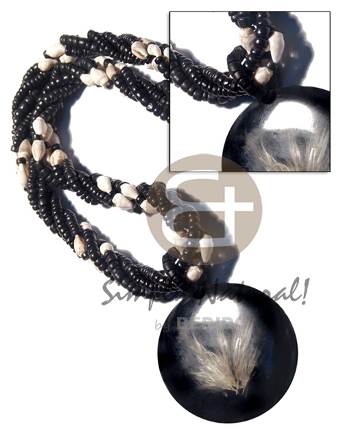 4 layers 4-5mm coco black Pokalet.  white nassa accent  60mm black round resin  laminated feather / 20 in. - Resin Necklace Stone Necklace