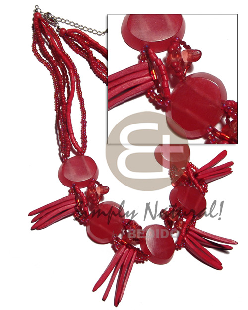 6 layers 2-3mm coco Pokalet and heishe, glass and cut beads  5 pcs. 30mmx25mm clear oval resin ( 7mm thickness) and 1.5in coco sticks accent / firebrick red tones /  18 in. - Resin Necklace Stone Necklace
