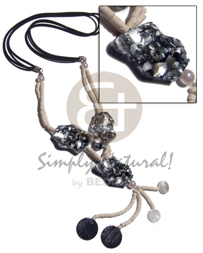 tassled shell chips in black resin  double row 2-3 coco heishe bleach and black leather thong combination / 24in. plus 2.5in tassles  shells - Resin Necklace Stone Necklace
