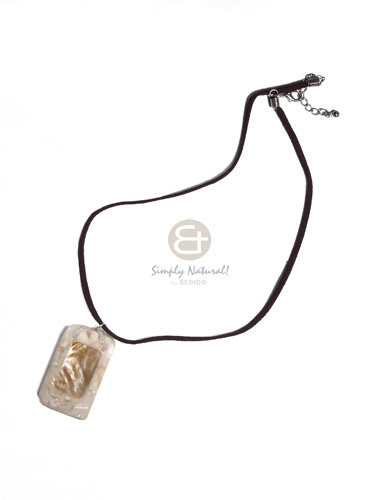 45mmx27mm rectangular laminated brownlip in crme resin  shell chips  on brown leather thong /16in - Resin Necklace Stone Necklace