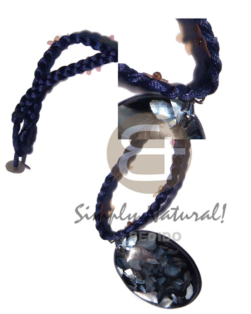 braided navy blue satin cord choker  floral sequins accent and 45mmx34mm oval black resin  laminated hammershell chips pendant / knotted lock  shell stopper / 16in - Resin Necklace Stone Necklace