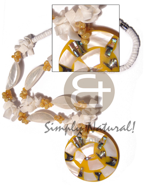 4-5mm white clam heishe   troca garlic shell /crazy cut white clam shells / yellow mongo shells combination and 50mm round yellow resin  laminated kabibe/paua shells pendant / 20in - Resin Necklace Stone Necklace