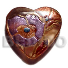 heart 40mm  transparent brown resin  handpainted design - floral / embossed hand painted using japanese materials in the form of maki-e art a traditional japanese form of hand painting - Resin Pendants