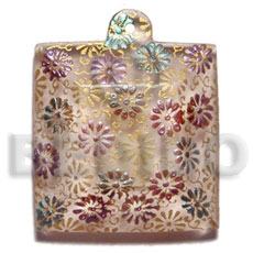 45mm square clear white resin  handpainted design - floral / embossed hand painted using japanese materials in the form of maki-e art a traditional japanese form of hand painting - Resin Pendants