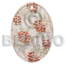 oval 35mm clear white resin  handpainted design - floral / embossed hand painted using japanese materials in the form of maki-e art a traditional japanese form of hand painting - Resin Pendants