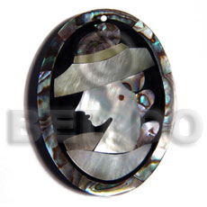 50mmx38mm oval pendant /elegant hat lady delicately etched in  shells - brownlip, blacklip and paua combination in jet black laminated resin / 5mm thickness - Resin Pendants
