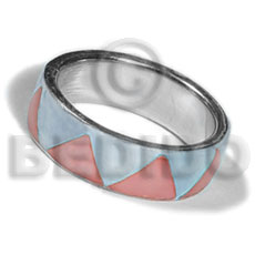 inlaid hammershell in stainless 10mm metal ring /  pink and  light blue combination - Rings