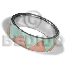 inlaid hammershell in stainless 10mm metal ring/ pastel pink and pastel green combination - Rings