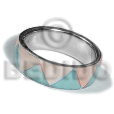 inlaid hammershell in stainless 10mm metal ring / aqua blue and nat. white combination - Rings
