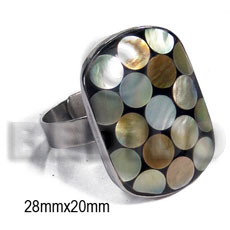 big accent haute hippie ring /adjustable metal/ 28mmx20mm rectangular  rounded edges and embossed laminated brownlip circles on black resin - Rings
