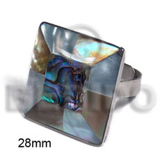 big accent haute hippie ring /adjustable metal/ 28mm square  embossed laminated paua abalone, brownlip and hammershell combination - Rings