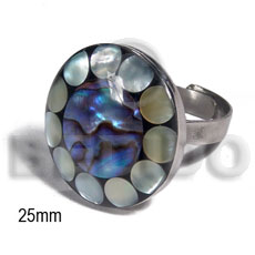 big accent haute hippie ring /adjustable metal/ 25mm round  embossed and laminated paua abalone and MOP circles combination - Rings