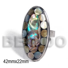 big accent haute hippie ring /adjustable metal  extended flat edges / 42mmx22mm oval embossed and laminated brownlip shells - Rings