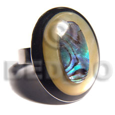 big accent haute hippie oval 28mmx25mm / adjustable metal ring/  laminated paua shell and MOP combination  black resin accent - Rings