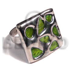glistening neon green abalone /  square 25mmx25mm / adjustable ring/  molten silver metal series / electroplated - Rings