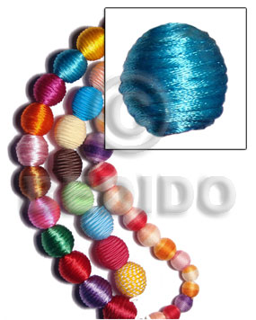 20mm natural white round wood beads wrapped in subdued blue china cord / price per piece - Round Wood Beads