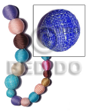 20mm natural white round wood beads wrapped in lilac raffia / price per piece - Round Wood Beads