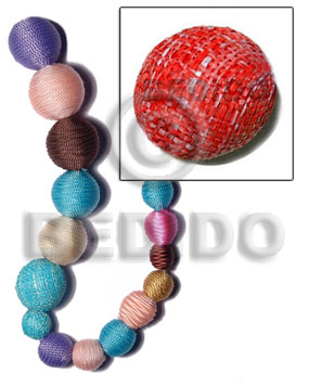 15mm natural white round wood beads wrapped in red raffia / price per piece - Round Wood Beads