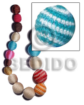 15mm natural white round wood beads wrapped in aqua blue/white crochet / price per piece - Round Wood Beads