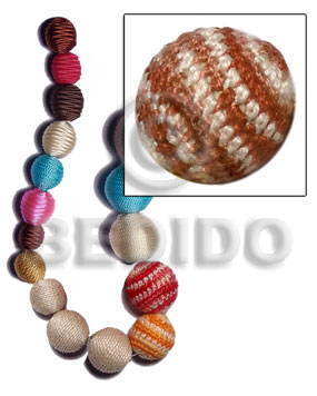 10mm natural white round wood beads wrapped in reddish brown/white crochet / price per piece - Round Wood Beads