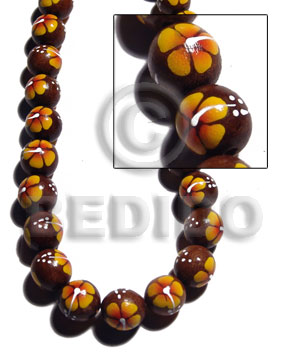 15mm robles round beads  handpainted back to back yellow / orange / white flower - Round Wood Beads