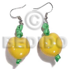 dangling yellow kukui nuts  green ribbon accent - Seed Earrings