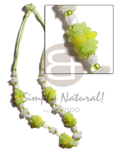 lime green 3 layer wax cord  buri seeds, shell & white rose beads combination - Seeds Necklace