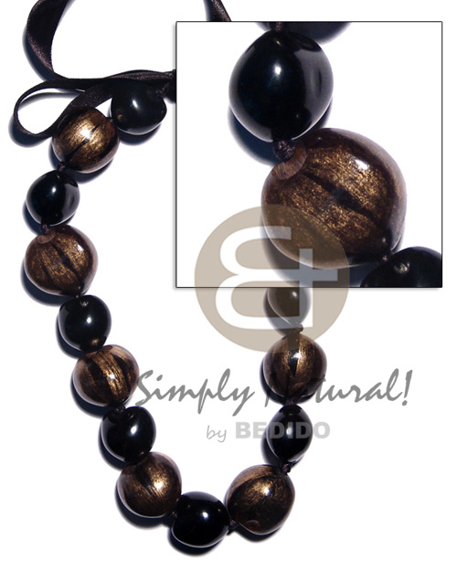 black kukui nuts   alternate kukui in tiger marble  ( 16 pcs. )  / adjustable ribbon - Seeds Necklace