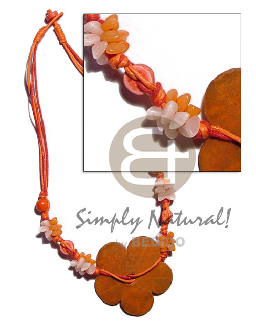 orange 3 layer wax cord  buri seeds, shell & white rose beads combination  leather flower accent - Seeds Necklace