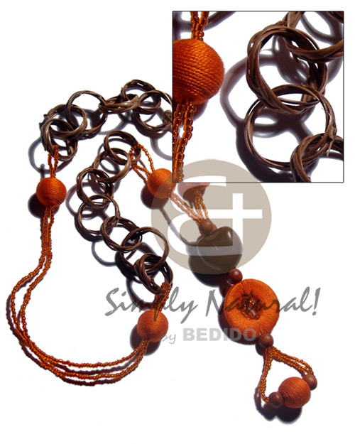 basket rings  kukui nuts/15mm wrapped wood beads/ 30mm wrapped wood ring and glass beads / 32in./ in orange & brown tones - Seeds Necklace