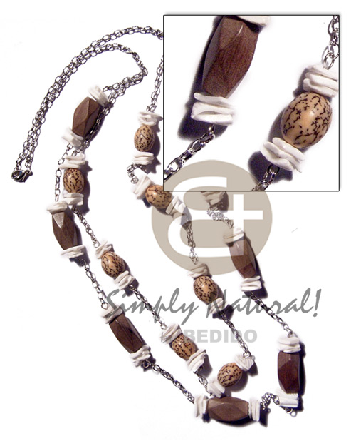 2 rows of graduated metal chain  buri tiger seeds / 18mmx10mm greywood beads and white rose shell  accent/ 30in/32in  lobster lock - Seeds Necklace
