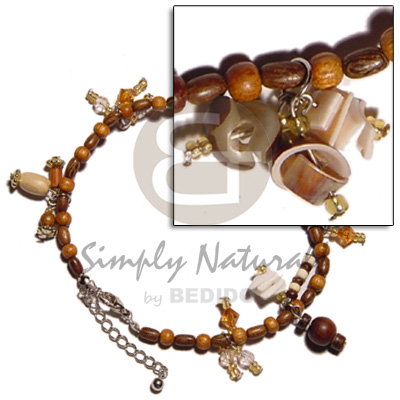 wood beads  dangling seeds, coco, shells and acrylic crystals - Shell Anklets