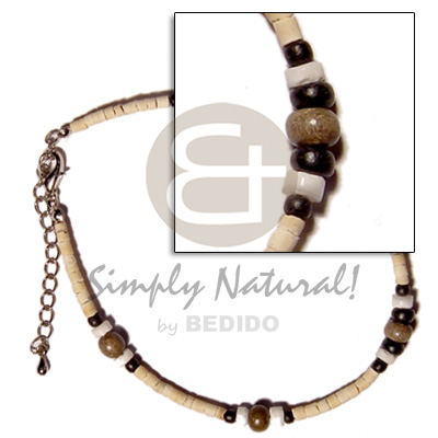 2-3mm coco Pokalet. bleach/black   white clam & robles  wood beads - Shell Anklets