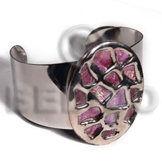 haute hippie 38mmx28mm metal cuff bangle  58mmx43mm oval glistening pink abalone / molten silver metal series / electroplated - Shell Bangles