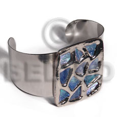 haute hippie 38mmx28mm metal cuff bangle  48mmx40mm rectangular glistening blue abalone / molten silver metal series / electroplated - Shell Bangles