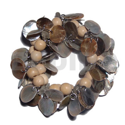 15mm dangling round blacklip  skin and wood beads combination / elastic bracelet - Shell Bracelets