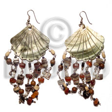 dangling 35mm grooved scallop blacklip  hanging shell & horn beads - Shell Earrings