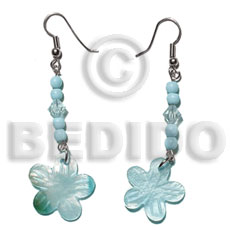dangling 20mm aqua blue hammershell flower  bone beads/acrylic crystals - Shell Earrings