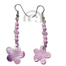 dangling 20mm pastel pink hammershell flower  wood beads/acrylic crystals - Shell Earrings