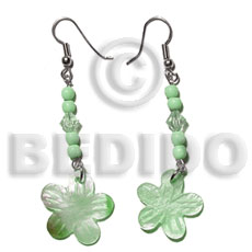 dangling 20mm pastel green hammershell flower  bone beads/acrylic crystals - Shell Earrings