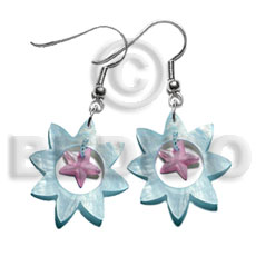 dangling 40mm aqua blue sun hammershell  15mm lilac hammershell star - Shell Earrings