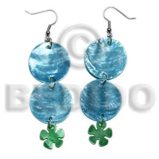 dangling double round 25mm blue capiz shell  15mm capiz subdued green flower - Shell Earrings
