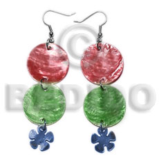dangling double round 25mm red/green capiz shell  15mm capiz blue flower - Shell Earrings