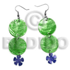 dangling double round 25mm green capiz shell  15mm capiz blue flower - Shell Earrings
