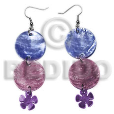 dangling double round 25mm blue/wine capiz shell  15mm capiz lavender flower - Shell Earrings