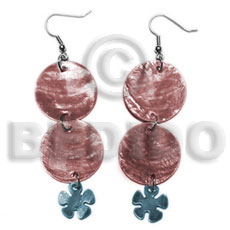 dangling double round 25mm reddish brown capiz shell  15mm capiz subdued blue flower - Shell Earrings