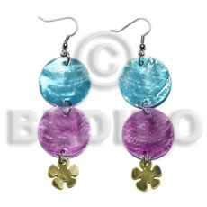 dangling double round 25mm light blue/lavender capiz shell  15mm capiz olive green flower - Shell Earrings