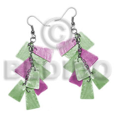 dangling subdued green/lavender alt. 20mmx15mm capiz /9pcs. in metal chain - Shell Earrings