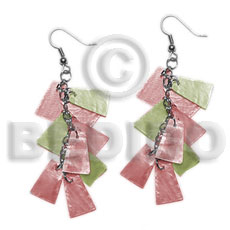 dangling subdued pink/subdued olive green 20mmx15mm capiz /9pcs. in metal chain - Shell Earrings