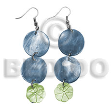 dangling double round 20mm subdued blue hammershell  12mm green hammershell flower - Shell Earrings